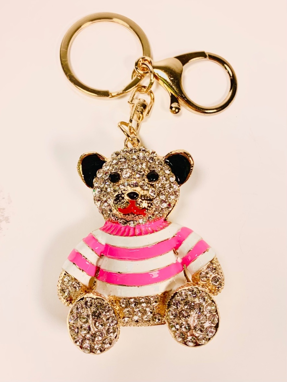 Fun Sparkly Teddy Bear crystal keychain pink white enameled bag charm gold tone